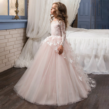Mother&Kids Children's princess pompadour dress piano performance evening dress flower child wedding dress long train_voghion.com