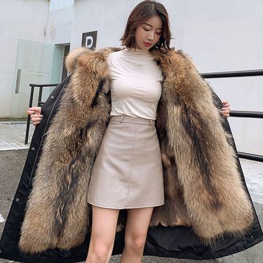 Women's Detachable Faux Fur Lined Long Coat With V-Neck, Street Fashion Overcoat For Winter_voghion.com