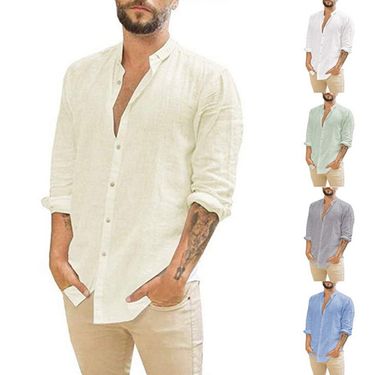Men's Clothing Men's New Linen Cardigan Solid Color Casual Stand Collar Long-Sleeved Shirt_voghion.com