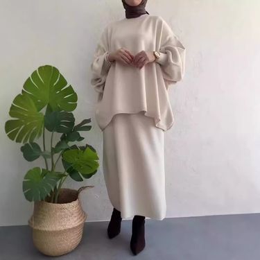 Women's Clothing fashion casual loose warm knitted round neck sweater skirt suit _voghion.com