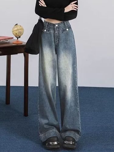 Autumn winter American short, loose versatile wide jeans for women, waisted and spicy girls, high street straight leg_voghion.com