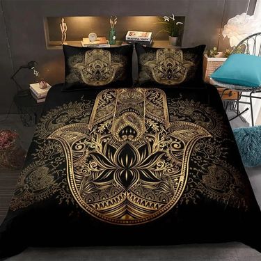Black And Gold Bohemian Duvet Cover Three Piece Set_voghion.com