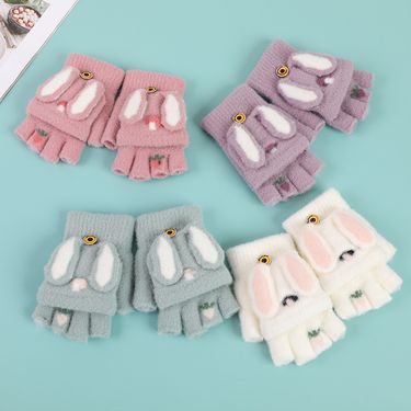 Ladies Cute Rabbit Half Finger Flap Girls Warm Knitted Wool Winter Gloves_voghion.com
