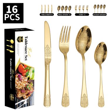 Thickened Patterned Stainless Steel Knife Fork And Spoon Tableware 430 Double Headed Patterned Knife Fork And Spoon 24 Piece Set_voghion.com