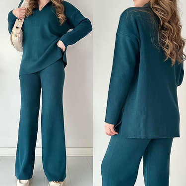 Women's Casual Fashion Solid Color Loose Hem Slit Sweater Two-piece Set For Women_voghion.com