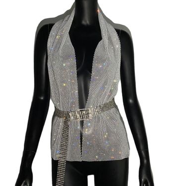 Women’s Clothing Glittery Look Diamond Grid Fishnet Headscarf Sexy Backless Deep V Vest Top_voghion.com