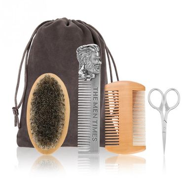 4Pcs Beard Brush Set Double-sided Styling Comb Scissor Repair Modeling Professional Men's Cleaning Care Kit_voghion.com
