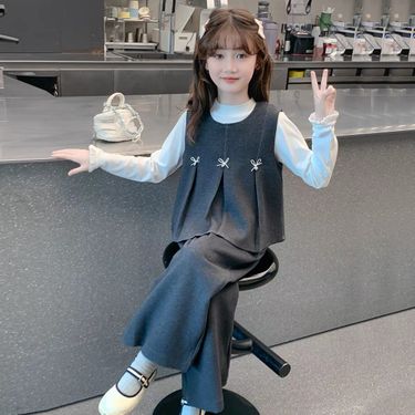 Girls' 2025 Autumn New Long Sleeve Base Shirt Vest Wide Leg Pants Set For Big Kids Little Style Three-Piece_voghion.com