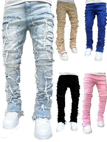 Men's New Denim Straight Leg Pants Fashion Ins Elastic Patch Denim Pants_voghion.com