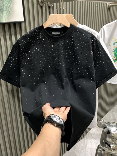 European Fashion Trendy Brand Light Luxury Men's Short Internet Celebrity Niche Hot Diamond High-end Round Neck Half_voghion.com