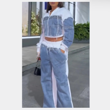 Women’s Clothing Spring New Women's Denim Patchwork Rhinestone Long Sleeve Pants Suit_voghion.com