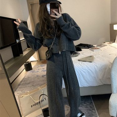 Audday 2025 Autumn Winter New Women's Lazy Style Sweater Hooded High Waist Knitted Jacket Split Casual Pants Two-Piece Set_voghion.com