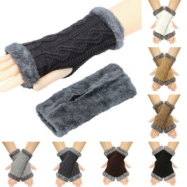 Girl's Accessories plus velvet thickened knitted wool gloves autumn and winter diamond shaped fingerless cuffs warm thick fur short gloves_voghion.com