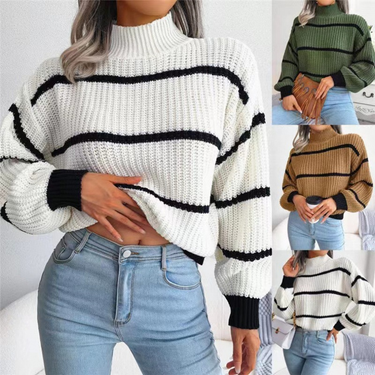 Women's casual striped lantern sleeve half-turtleneck sweater_voghion.com