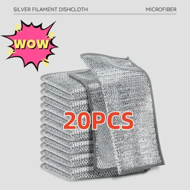 20pcs Single Double-sided Silver Wire Wipes Household Kitchen Stovetop Dishwashing Non-stick Cleaning Cloth Wire Dish Cloth_voghion.com