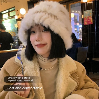 Rabbit Hair Women's Winter Korean Version Show Face Small Versatile Knitted Wool Hat Plush Bucket Fisherman_voghion.com