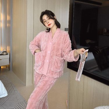 Flannel women's autumn and winter pajamas with thick flannel, double long two-piece set, wind-driven warm home clothes_voghion.com