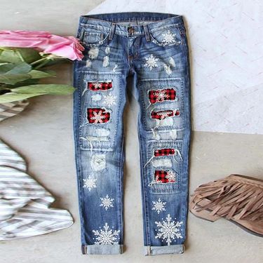 Straight Jeans Women's Christmas Snowflake Printed Patch Ripped Denim Trousers_voghion.com