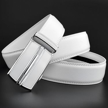 HOT Elegant White Color Women Unisex Belt Genuine Leather Automatic Buckle 3.5cm Width Men Waist Straps for Jeans_voghion.com