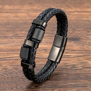 Punk woven stainless steel charm men's leather rope bracelet jewelry_ipsvogv.com