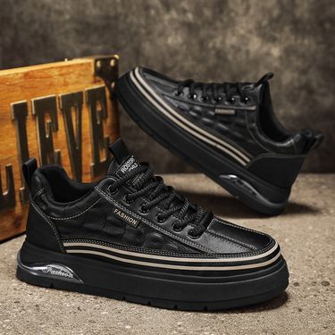 Men's Short Martin Boots Thick Sole Fashion Casual Sneakers Crocodile Pattern Leather Shoes High Top Work Loafers_voghion.com