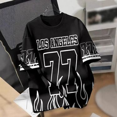 Cross-Border Men's Summer American T-Shirt Short Sleeve Street Fashion Flame Digital Los Angeles Alphabet Print_voghion.com