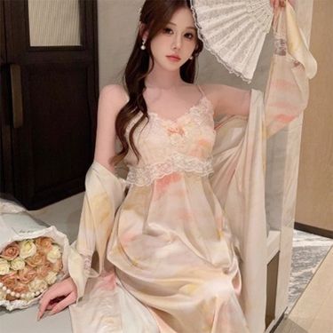 Pajama women's spring and autumn ice silk thin style with chest cushion sexy lace suspender nightgown set can be worn_voghion.com