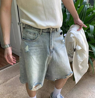 American Retro Streetwear Brand Summer Distressed Washed Ripped Denim Short Style Men's Cool Casual Loose Five-inch Pants Men's Trend_voghion.com