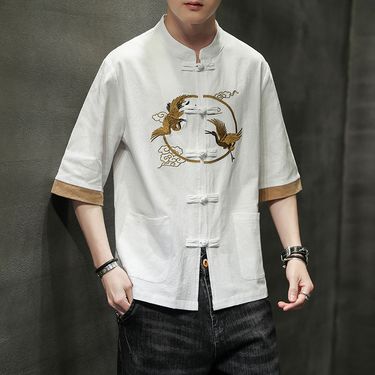 2024 Summer Chinese cotton linen short sleeved men's Tang embroidery Han style loose China-Chic shirt men_mkmklike.com