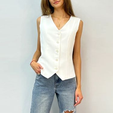 Women's Fashionable V-Neck Vest Commuting Stylish Outerwear Button Solid Color Tank Top_voghion.com