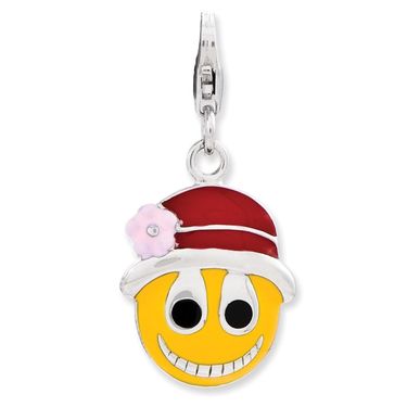 Sterling Silver Enameled Face W/Flower Hat W/Lobster Clasp Charm_voghion.com