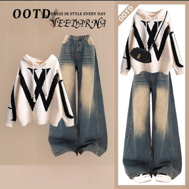 Women's Clothing new loose hooded knitted sweater with slim casual wide leg jeans two piece suit_voghion.com
