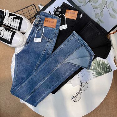 Women’s Clothing Front slit flared jeans for women Korean style new small size high waist tight elastic straight floor length flared pants for women_voghion.com
