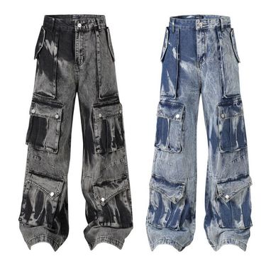 American tie dye design large pocket work pants for men and women, loose fit wide leg high street hip-hop jeans_voghion.com