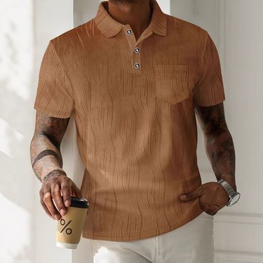 Men's New Lapel Button Pocket Corduroy Solid Color Casual Short Sleeved Polo Shirt_voghion.com
