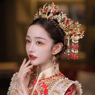 Lillian Bridal Xiuhe Wholesale 2023 New Style Headpiece Chinese Wedding Hair Accessories Phoenix Crown Red Hairpin Ear Clip Gold_voghion.com