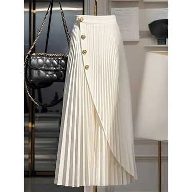 Women's Clothing Elegant High Waist Bodycon A-Line Midi Skirt – Stretchy Pencil Skirt With Pleats For Women, Office & Casual Wear (White/Black, )_voghion.com