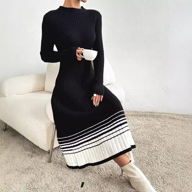 Women's Clothing sweater dress black and white striped pleated skirt sweater dress long skirt_voghion.com