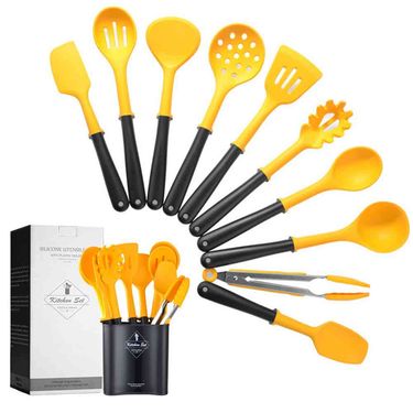 Black Yellow Splicing Silicone Kitchenware 10-piece Set, Kitchen Cooking Utensils Storage Bucket Kit_voghion.com
