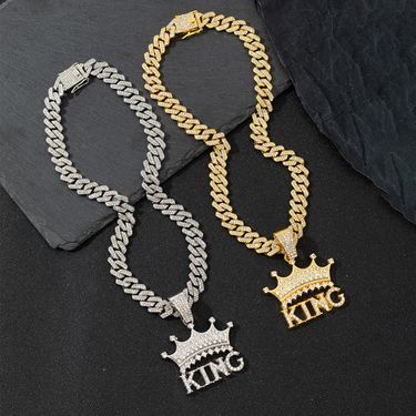Alloy Full Diamond Cuban Chain Crown Letter King Pendant Hip Hop Braided Necklace Jewelry_voghion.com