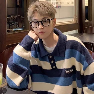 Polo collar for boys in autumn and winter, lazy style, contrasting color stripes, loose fit, teenage lapel, knitted_voghion.com