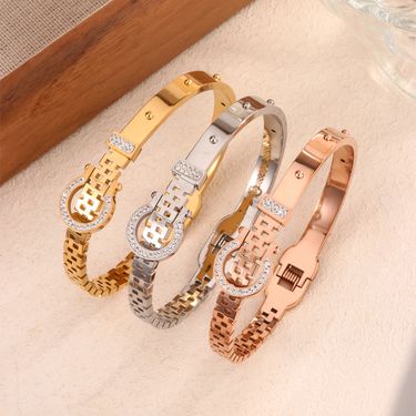 Personalized women's hollow diamond belt buckle titanium steel bracelet_voghion.com