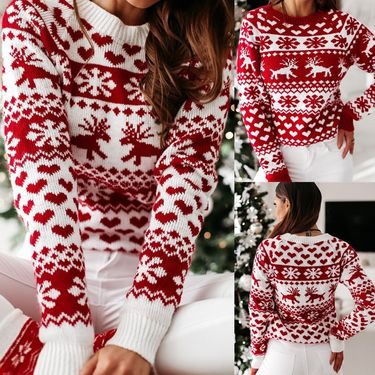 girl 2025 Autumn Winter New European American Women's Christmas Style Elk Long Sleeve Knitted Sweater White_voghion.com
