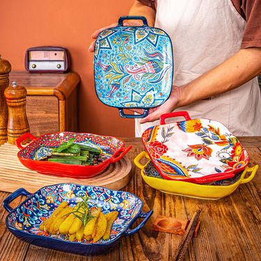 Bohemian Square Ceramic Serving Plate - Handled Oven & Microwave Safe Dish For Pasta Fruit & Appetizers_voghion.com