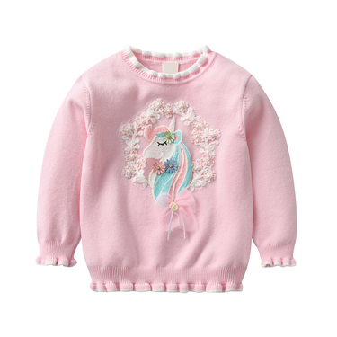 Kids' Clothes Girls' Pony Applique Embroidered Single Cotton Thread Base Sweater Autumn Girls' Lace Sweater Trend_voghion.com