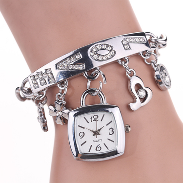 Women Watches with Letters Rhinestone Inlaid Chain Bracelet Flower Pendant Wrist Watch Ladies Dress Watches Gift _voghion.com