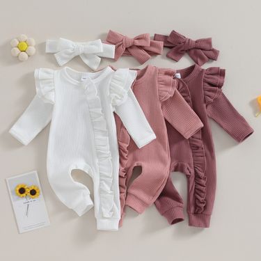 Pudcoco Infant Baby Girl Autumn Jumpsuit Solid Color Round Neck Flying Sleeve Ruffled Zipper Romper with Bow Headband 0-12M_voghion.com
