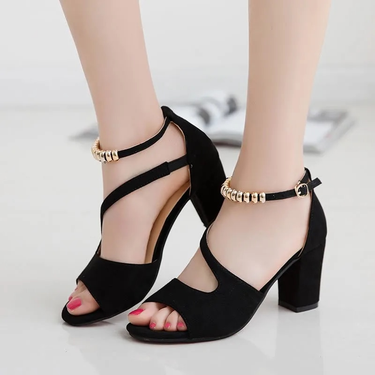 Fish Mouth Hollow Roman Thick Word with Beaded High Heels Summer Sexy Female Sandals_voghion.com