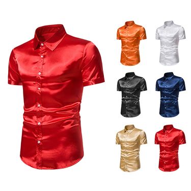 2023 New Men's Bright Face Non iron Fashion Trend 70s Disco Short sleeved Shirt for Men_voghion.com