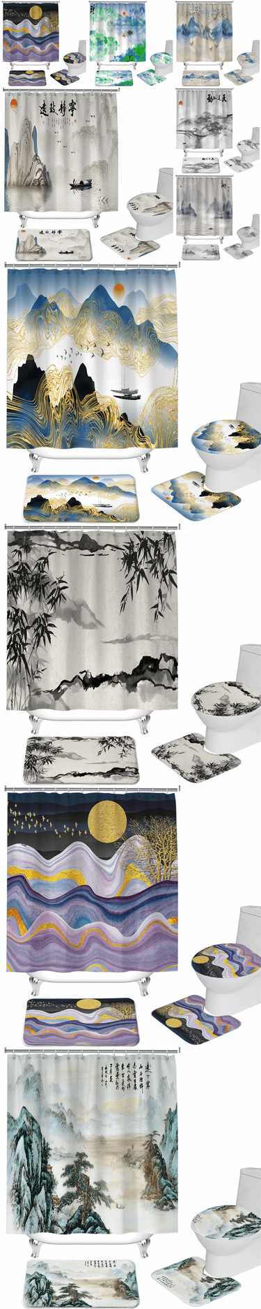 Chinoiserie Shan shui series 3D digital printing shower curtain partition door curtain forest shower curtain floor mat_voghion.com